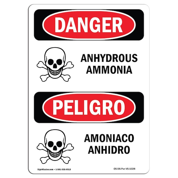 Safety Sign, OSHA Danger, 5" Height, Anhydrous Ammonia Bilingual Spanish, 10PK